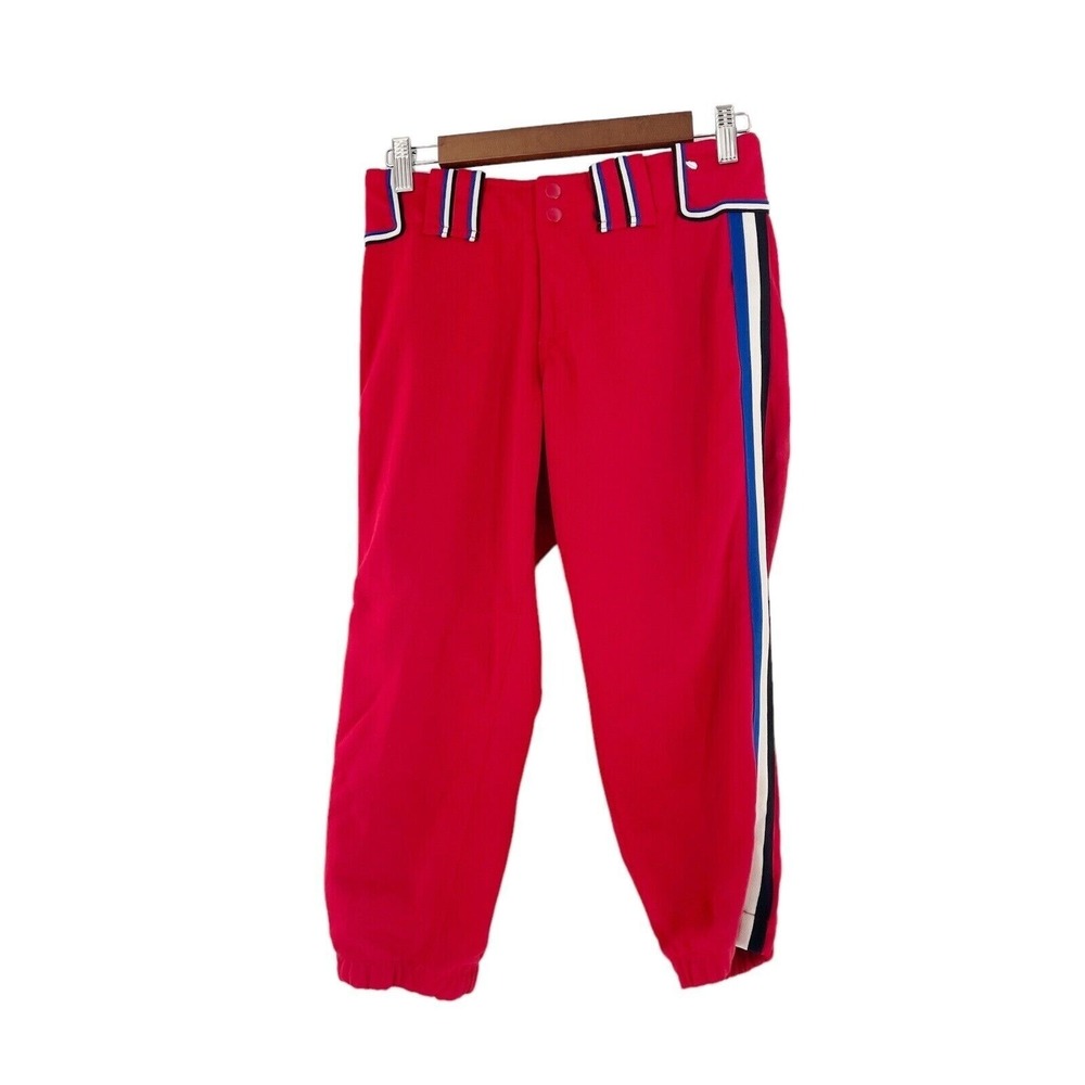 Boombah Youth Red Baseball Pants Size 30 Blue White Stripes Elastic Hem Athletic